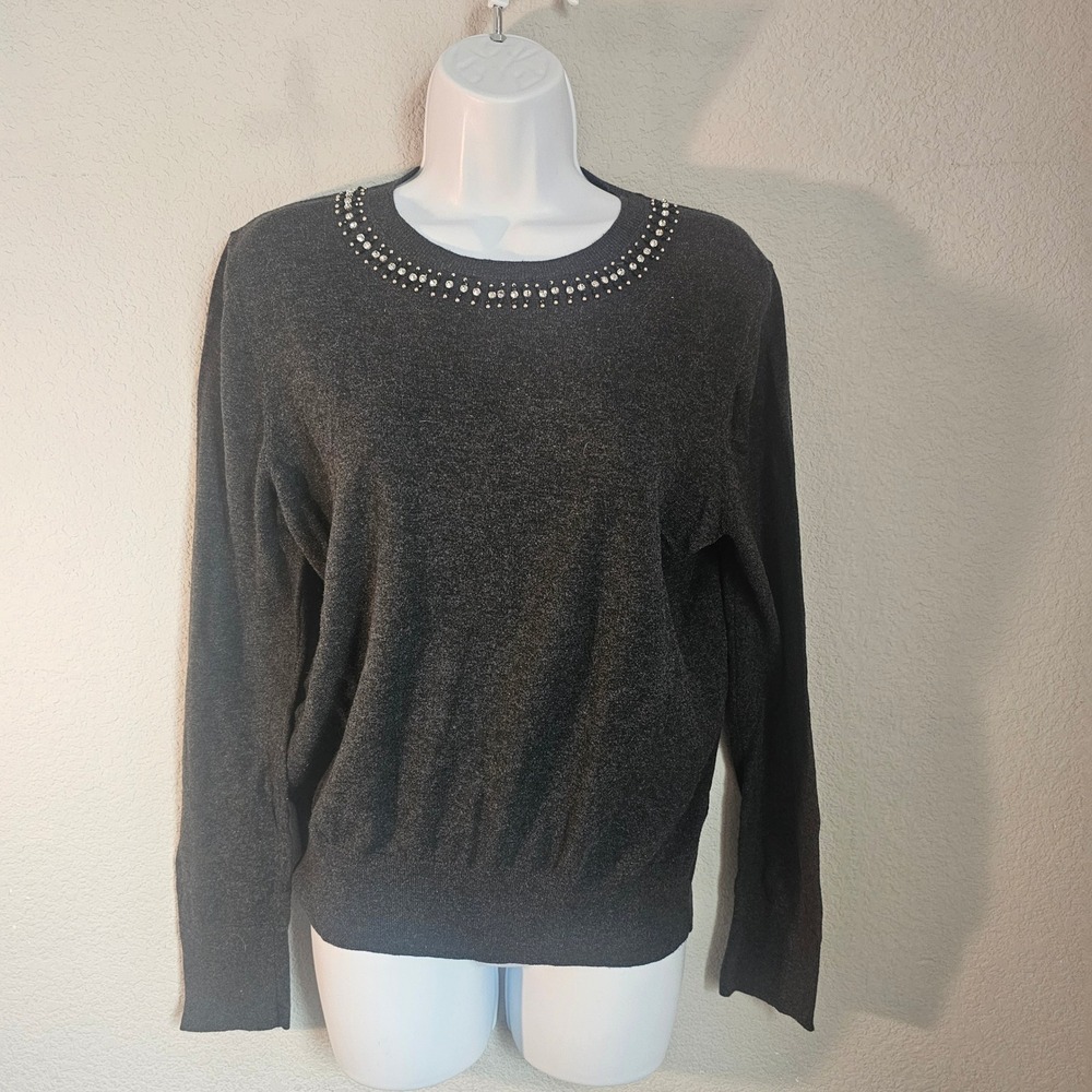 Anne Taylor jeweled neck lightweight women lrg long sleeve office casual sweater